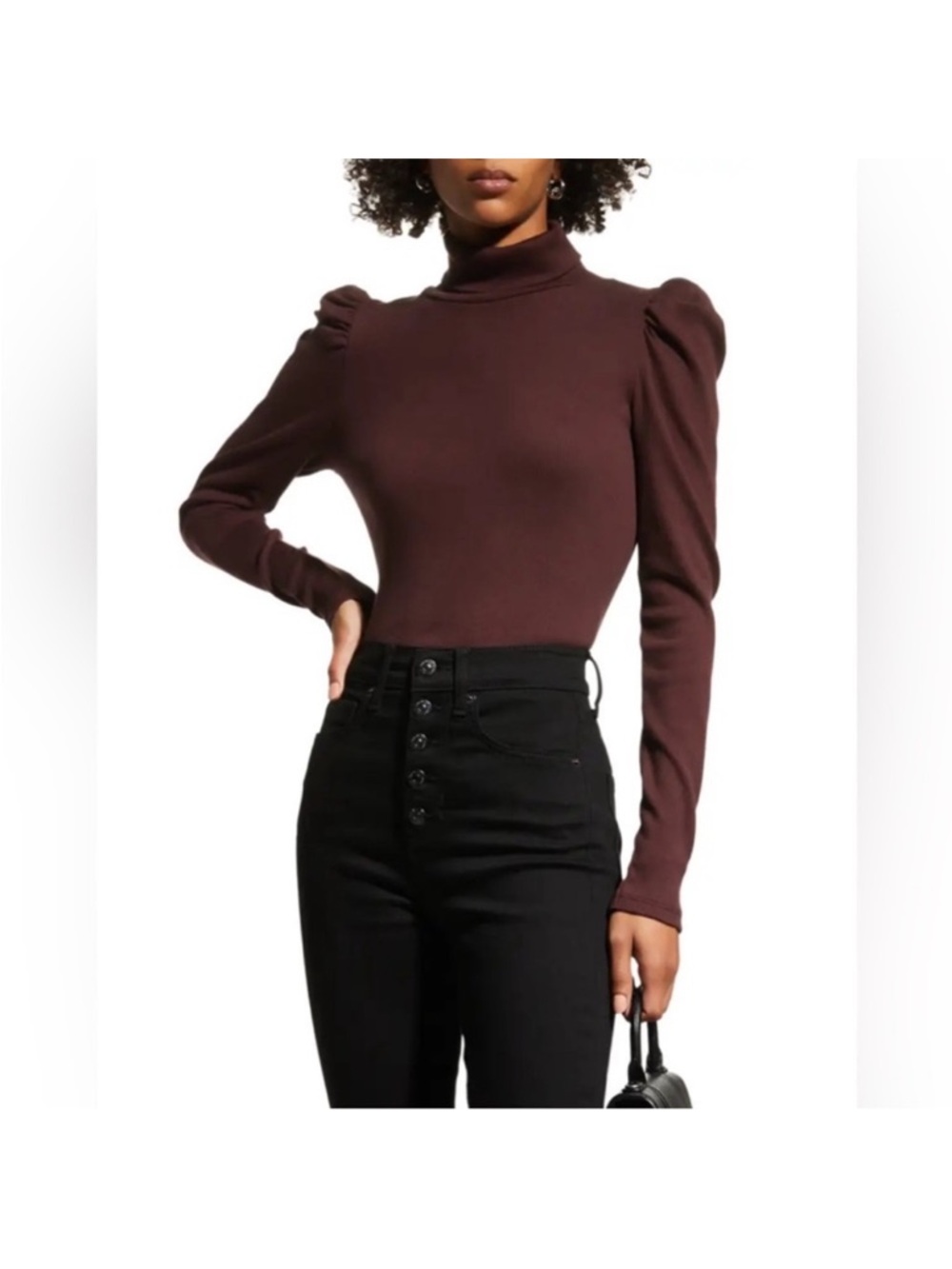 Veronica Beard Brown Mock Neck Puff Shoulder Long Sleeve Top